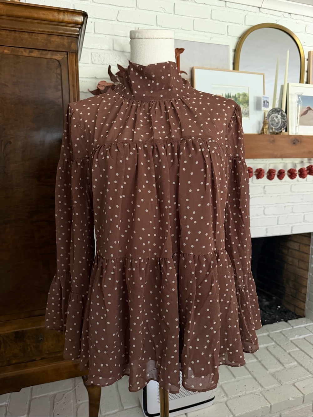 Mustard Seed Brown Polka Dot High-Neck Tiered Blouse